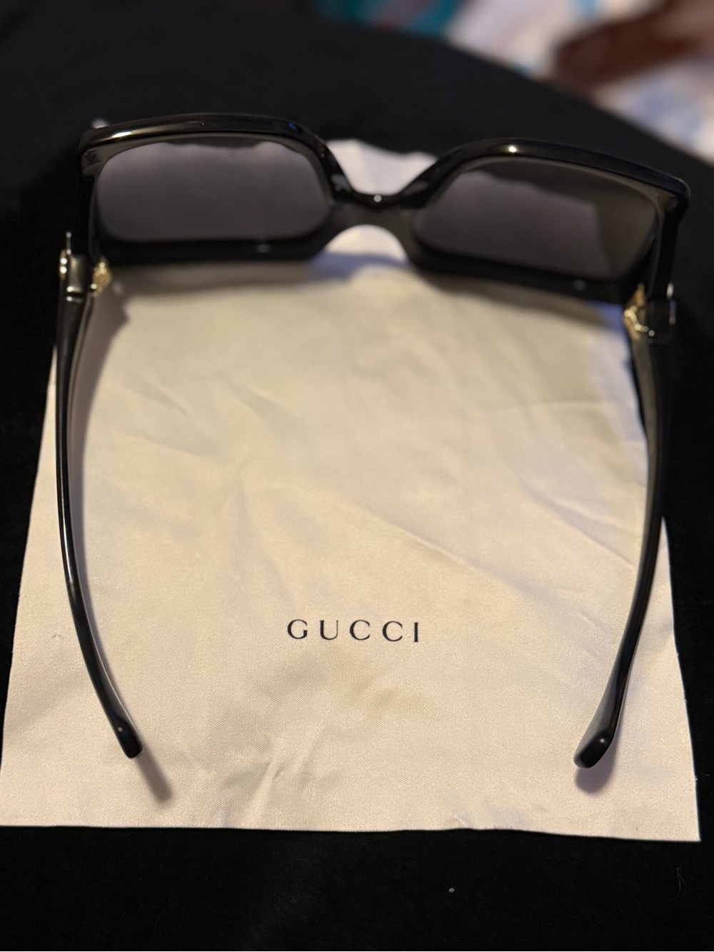 Gucci Women's Black Rectangular Sunglasses with Gold Accents